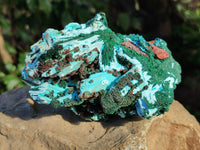 Natural Chrysocolla Blade Crystal Pseudomorph after Malachite with Drusy Coated Ball Malachite on Dolomite x 2 From Lupoto Mine, Congo
