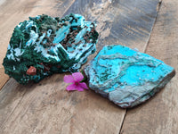 Natural Chrysocolla Blade Crystal Pseudomorph after Malachite with Drusy Coated Ball Malachite on Dolomite x 2 From Lupoto Mine, Congo