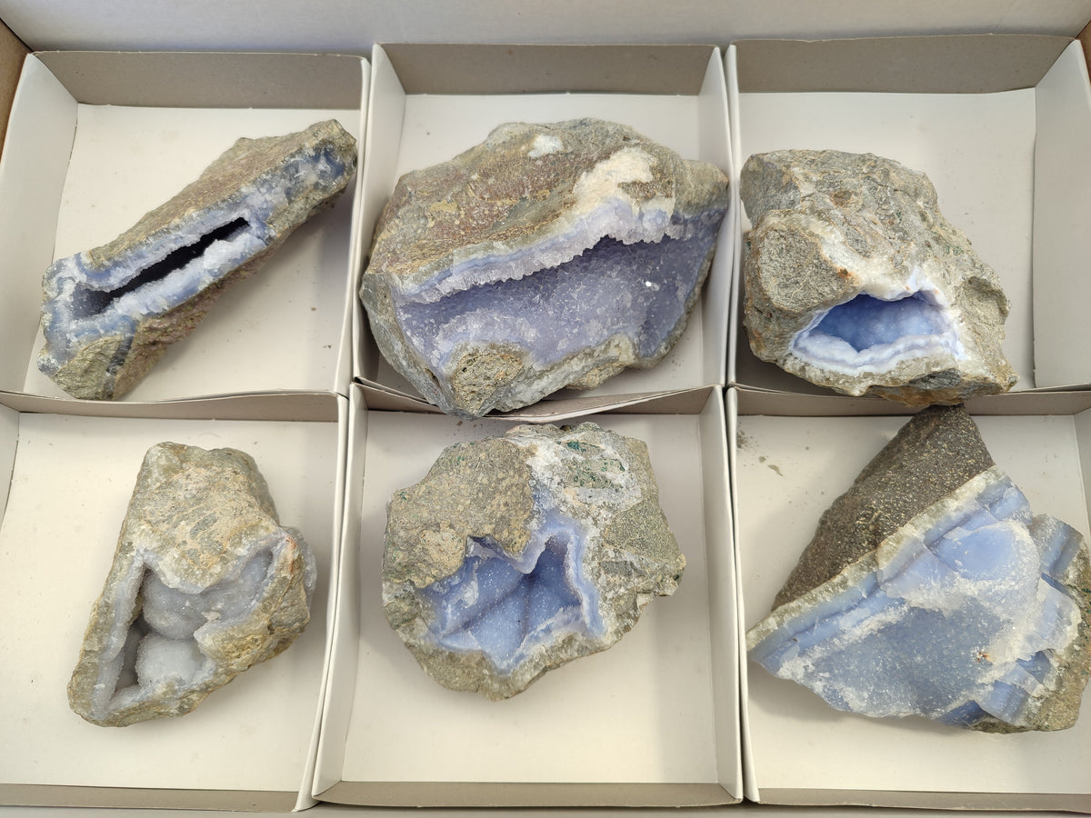 Natural Blue Lace Agate Geode Specimens x 6 From Nsanje, Malawi - Toprock Gemstones and Minerals 