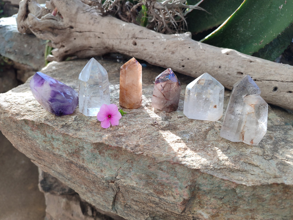 Polished Mixed Inclusion Quartz Points Including Rutile x 6 from Madagascar - Toprock Gemstones and Minerals 
