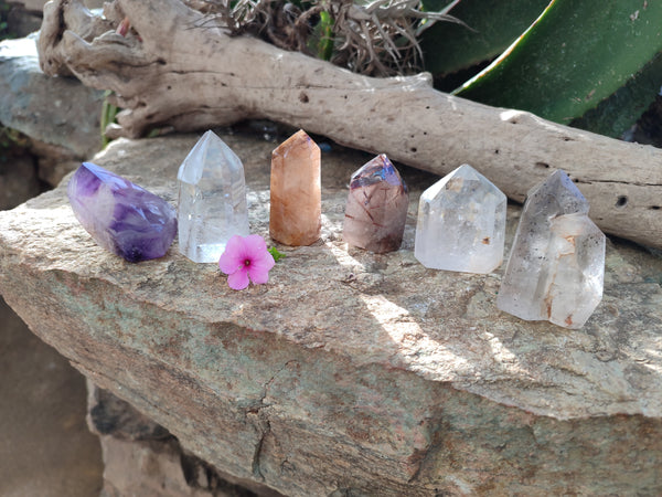 Polished Mixed Inclusion Quartz Points Including Rutile x 6 from Madagascar