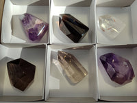 Polished Mixed Amethyst and Smokey Quartz Points x 6 from Madagascar