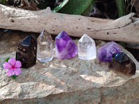 Polished Mixed Amethyst and Smokey Quartz Points x 6 from Madagascar