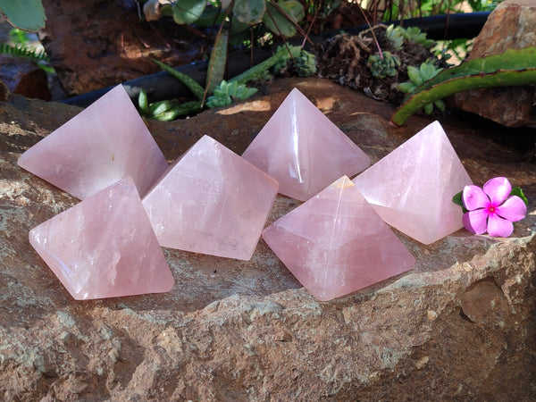 Polished Rose Quartz Pyramids x 6 From Ambatondrazaka, Madagascar