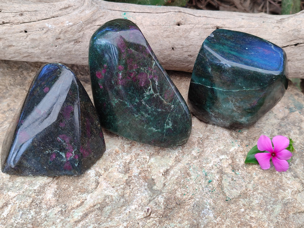 Polished Ruby Corundum In Chrome Verdite Standing Free Forms x 3 From Zimbabwe - Toprock Gemstones and Minerals 