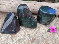 Polished Ruby Corundum In Chrome Verdite Standing Free Forms x 3 From Zimbabwe