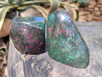 Polished Ruby Corundum In Chrome Verdite Standing Free Forms x 3 From Zimbabwe