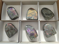 Polished Purple Flash Labradorite Standing Free Forms x 6 From Tulear, Madagascar