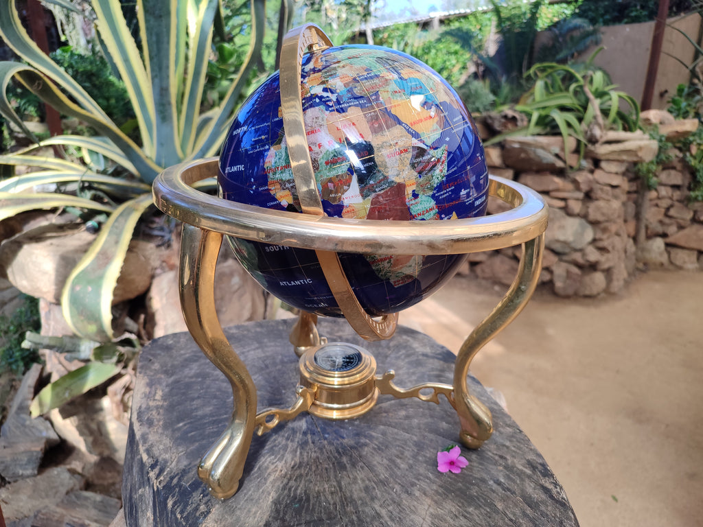 Hand Made Lapis Lazuli and Mixed Gemstone World Globe with Metal Stand x 1  From China - Toprock Gemstones and Minerals 