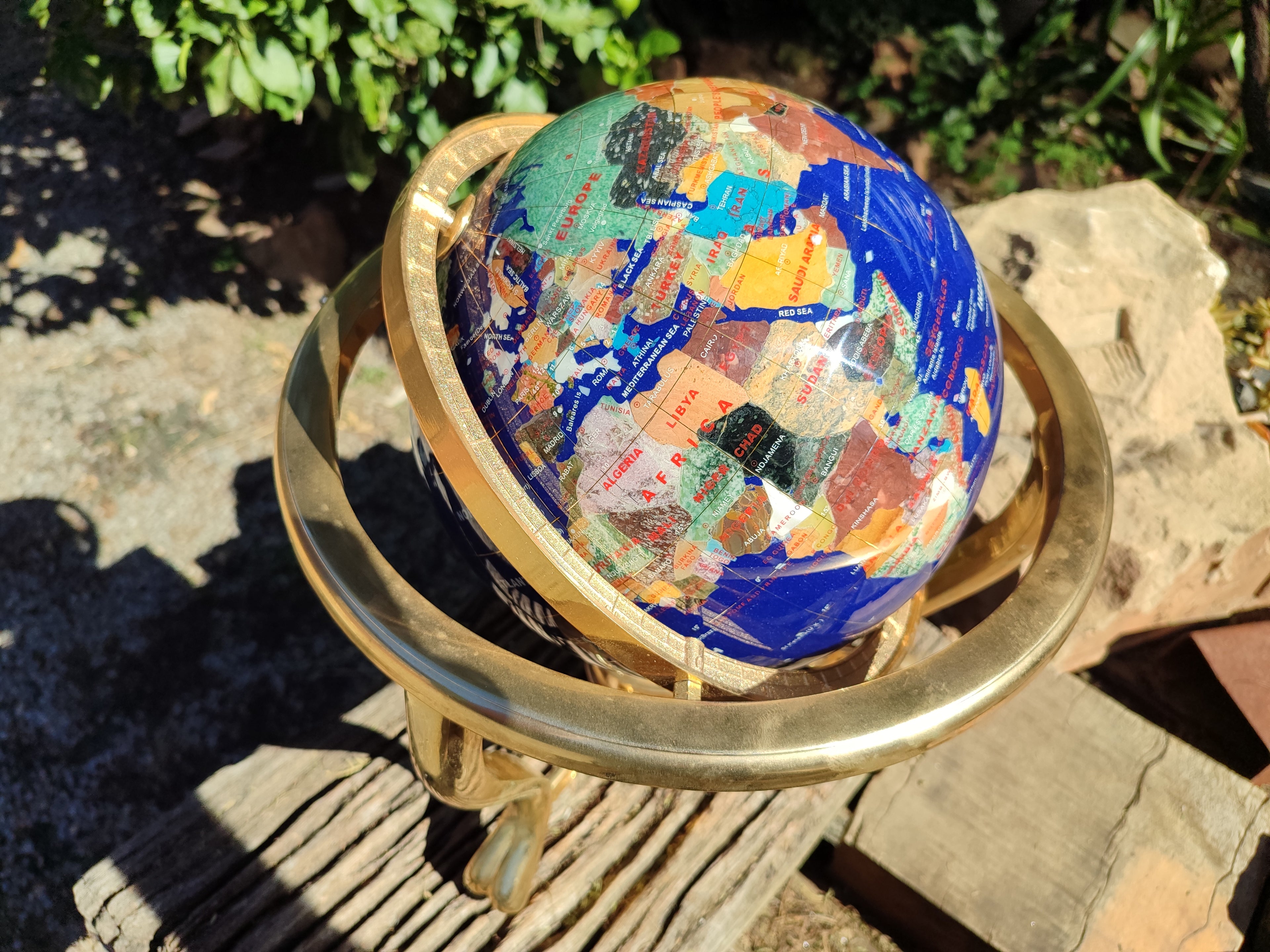 Hand Made Lapis Lazuli and Mixed Gemstone World Globe with Metal Stand x 1  From China - Toprock Gemstones and Minerals 