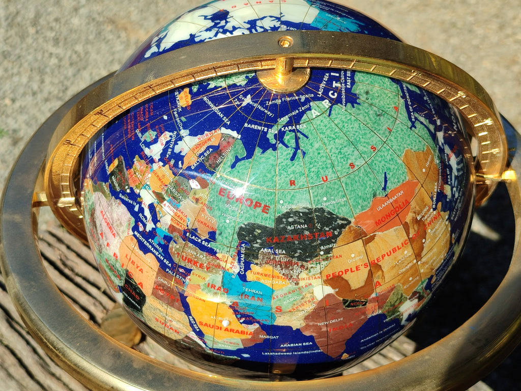 Hand Made Lapis Lazuli and Mixed Gemstone World Globe with Metal Stand x 1  From China - Toprock Gemstones and Minerals 