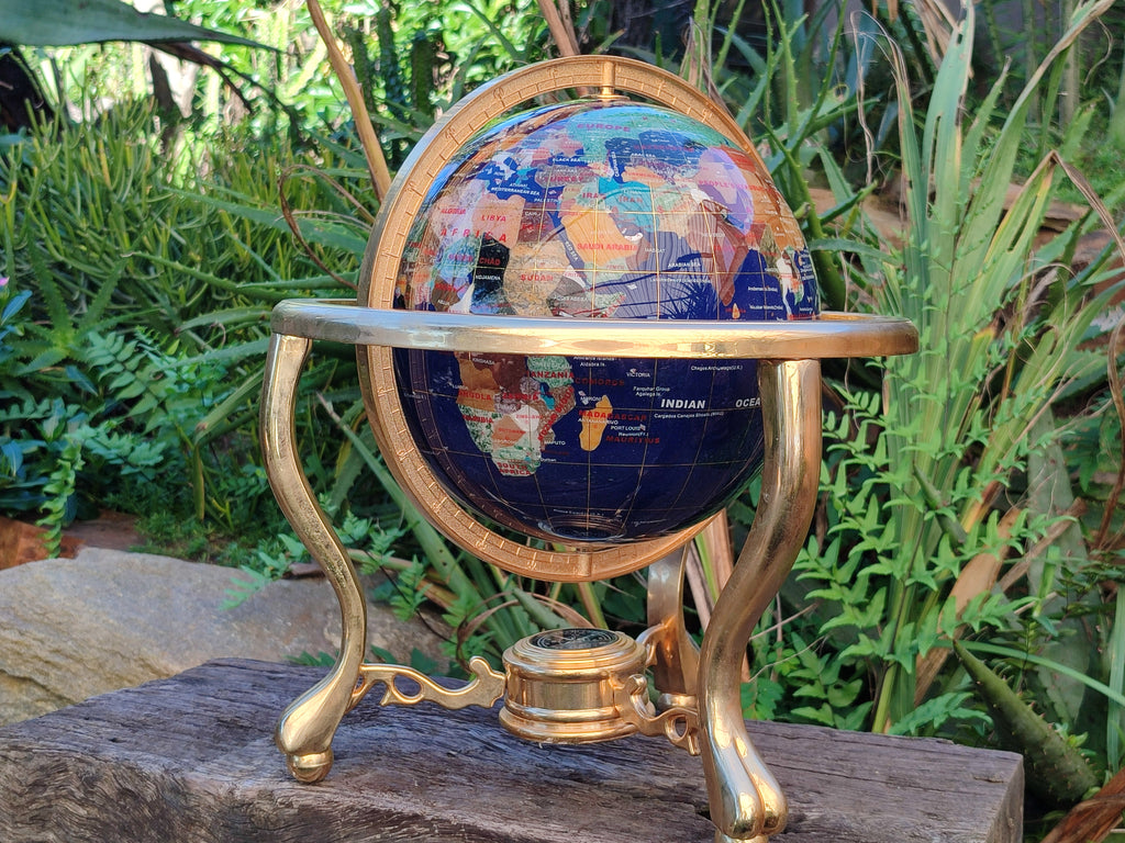 Hand Made Lapis Lazuli and Mixed Gemstone World Globe with Metal Stand x 1  From China - Toprock Gemstones and Minerals 