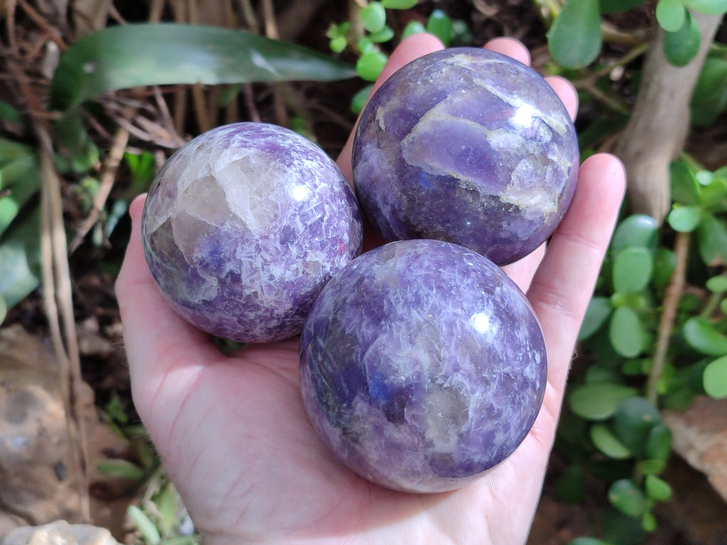 Polished Lepidolite with Pink Rubellite Spheres x 4 From Ambatondrazaka, Madagascar - Toprock Gemstones and Minerals 