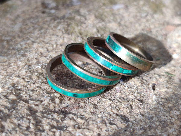 Hand Made Flower Banded Malachite Rings x 12 From Congo