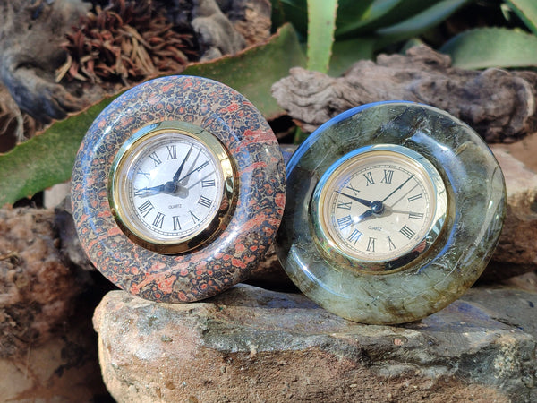 Polished Labradorite and Snakeskin Jasper Alarm Clocks x 2 From Tulear, Madagascar