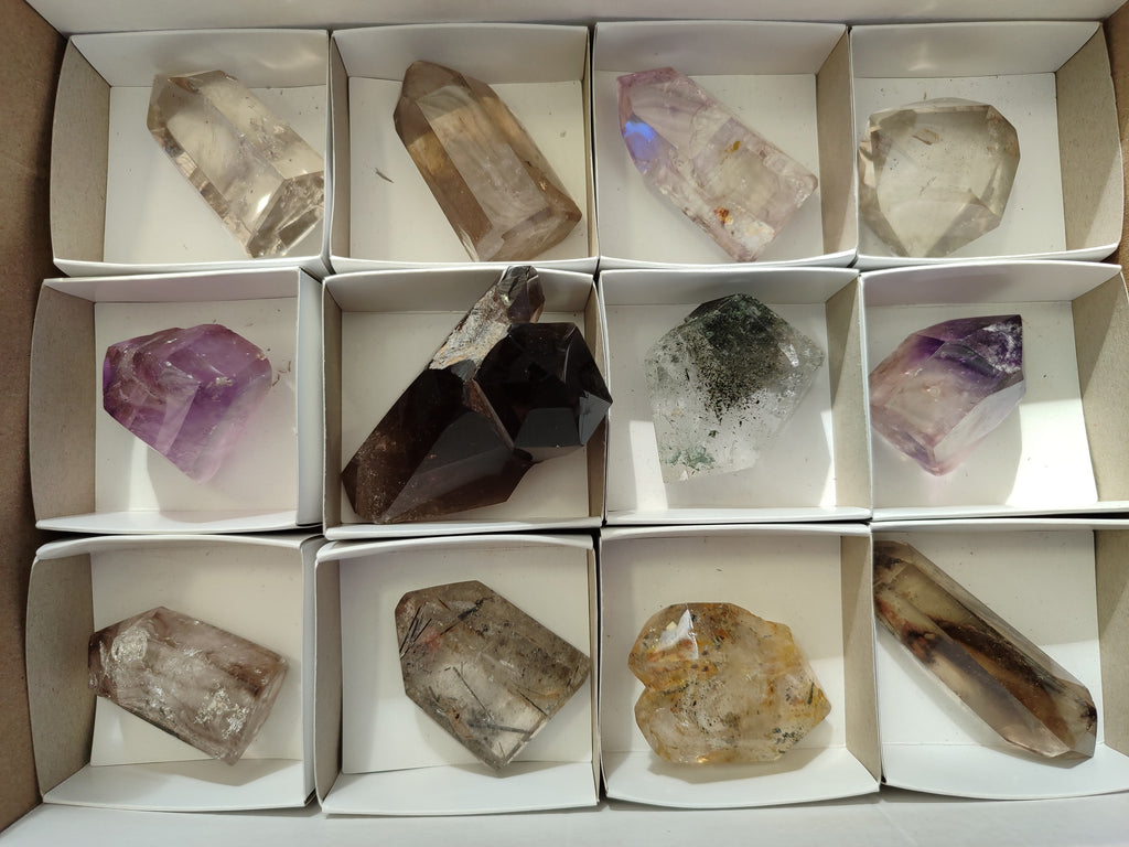 Polished Mixed Inclusion Quartz Crystals Including Rutile x 12 from Madagascar - Toprock Gemstones and Minerals 