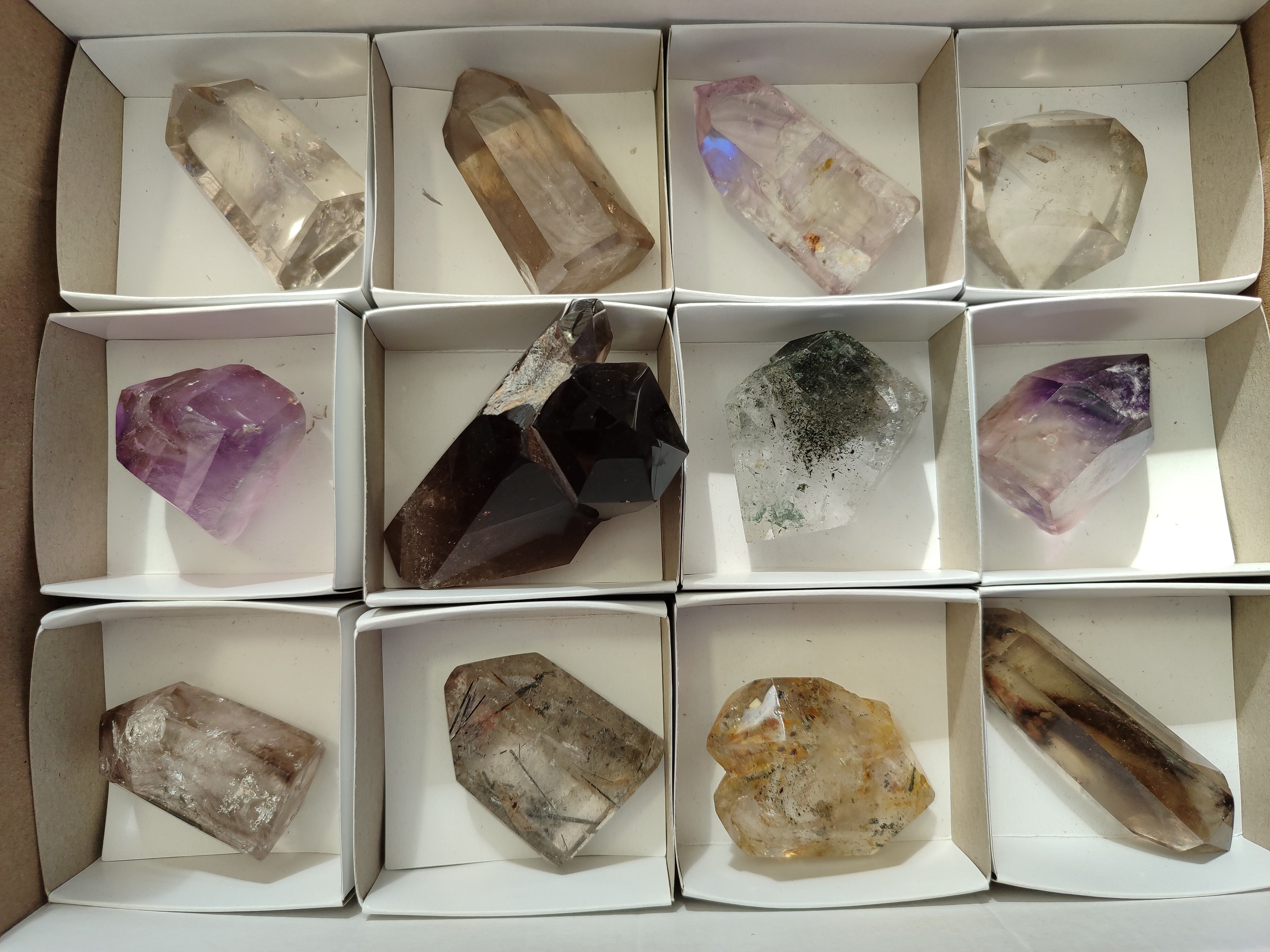 Polished Mixed Inclusion Quartz Crystals Including Rutile x 12 from Madagascar - Toprock Gemstones and Minerals 