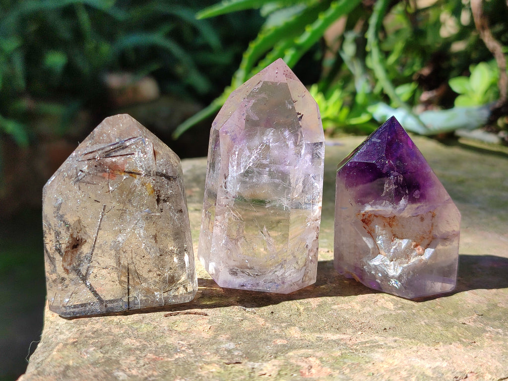 Polished Mixed Inclusion Quartz Crystals Including Rutile x 12 from Madagascar - Toprock Gemstones and Minerals 