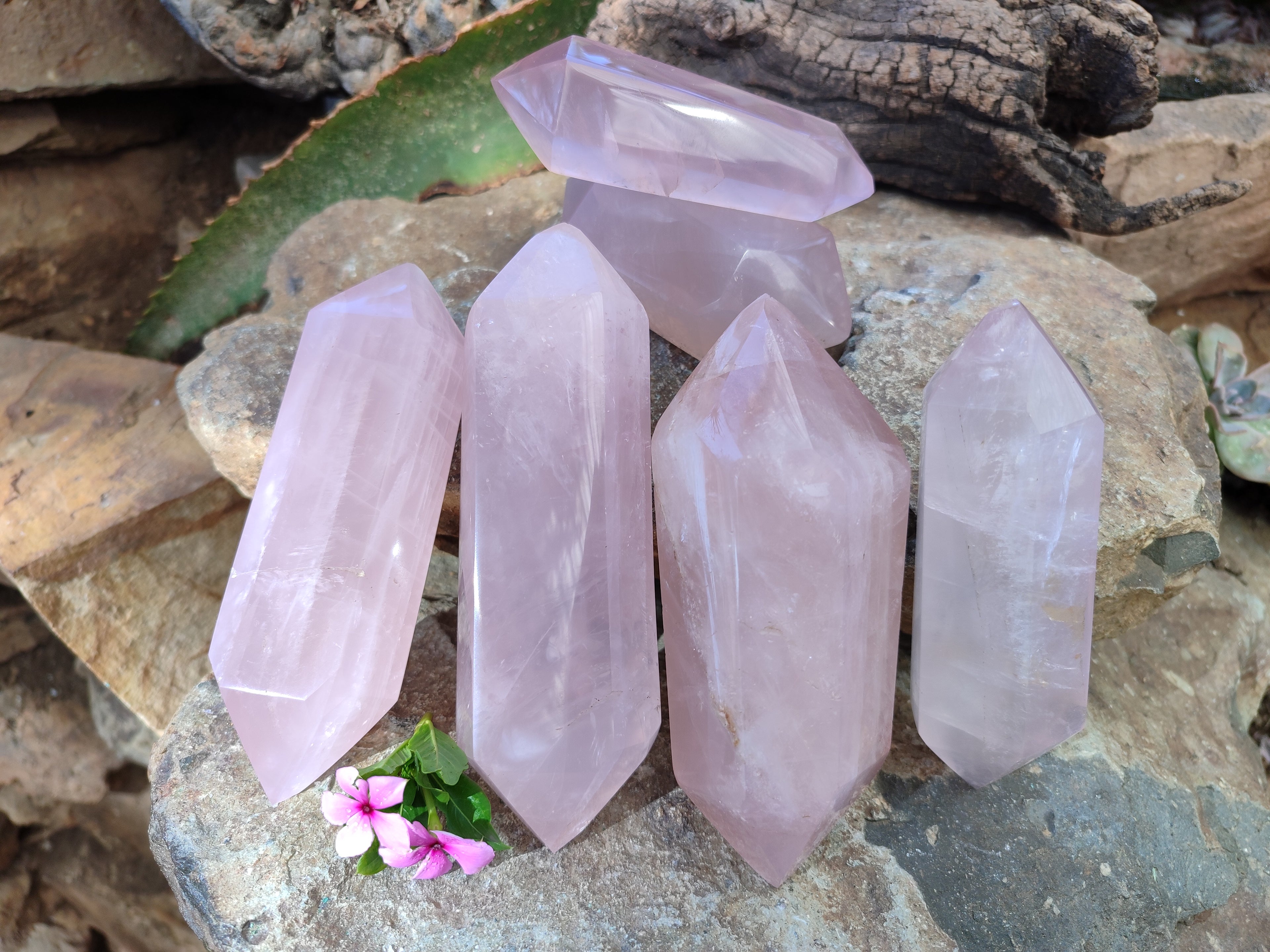 Polished Double Terminated Rose Quartz Points x 6 Ambatondrazaka, Madagascar - Toprock Gemstones and Minerals 