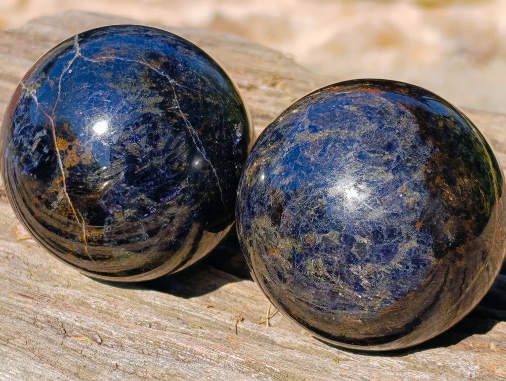 Polished Rare Blue Spark Iolite Spheres with Pink Feldspar Spots x 5 From Madagascar - Toprock Gemstones and Minerals 
