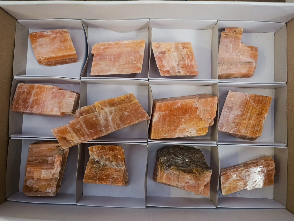 Natural Rhombohedral Sunset Orange Calcite Specimens x 12 From Spitzkop, Namibia - Toprock Gemstones and Minerals 