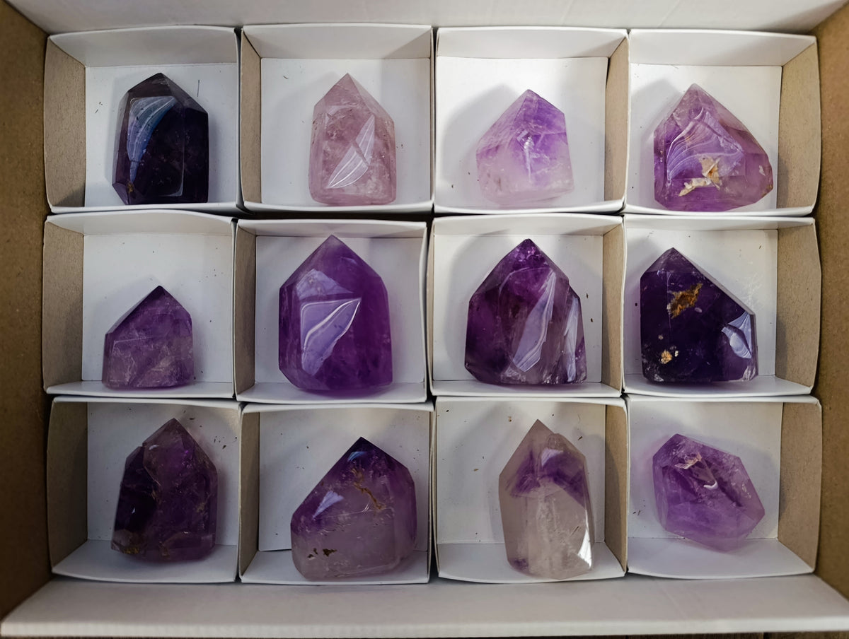 Polished Window Amethyst Quartz Points x 12 From Akansobe, Madagascar - Toprock Gemstones and Minerals 