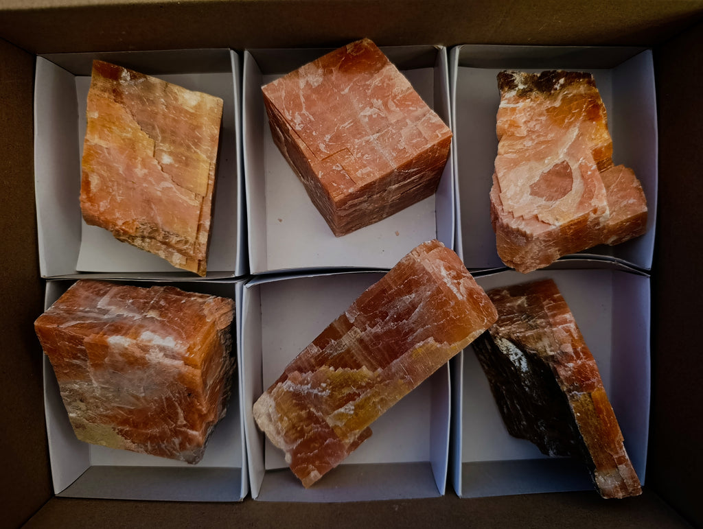 Natural Rhombohedral Sunset Orange Calcite Specimens x 6 From Spitzkop, Namibia - Toprock Gemstones and Minerals 