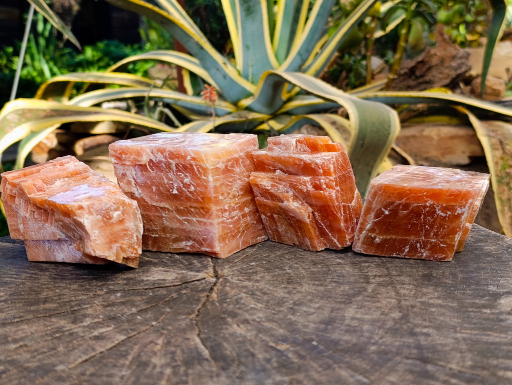 Natural Rhombohedral Sunset Orange Calcite Specimens x 4 From Spitzkop, Namibia - Toprock Gemstones and Minerals 