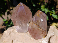 Polished Smokey Window Amethyst Twin and Scepter Quartz Crystals x 2 From Akansobe, Madagascar