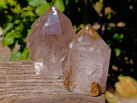 Polished Smokey Window Amethyst Twin and Scepter Quartz Crystals x 2 From Akansobe, Madagascar