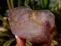 Polished Smokey Window Amethyst Twin and Scepter Quartz Crystals x 2 From Akansobe, Madagascar
