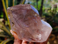 Polished Smokey Window Amethyst Twin and Scepter Quartz Crystals x 2 From Akansobe, Madagascar