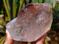 Polished Smokey Window Amethyst Twin and Scepter Quartz Crystals x 2 From Akansobe, Madagascar