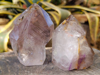 Polished Smokey Window Amethyst Twin and Scepter Quartz Crystals x 2 From Akansobe, Madagascar