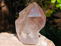 Polished Smokey Window Amethyst Twin and Scepter Quartz Crystals x 2 From Akansobe, Madagascar