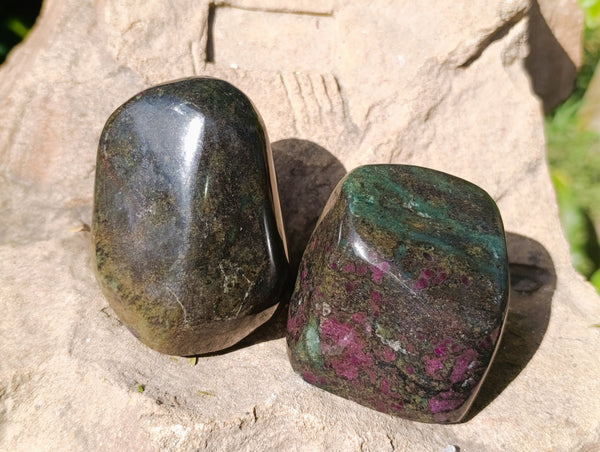 Polished Ruby Corundum In Chrome Verdite Standing Free Forms x 3 From Zimbabwe