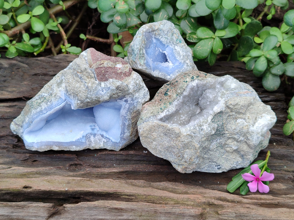 Natural Blue Lace Agate Geode Specimens x 3 From Nsanje, Malawi - Toprock Gemstones and Minerals 