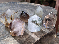 Polished Mixed Inclusion Quartz Crystals Including Tourmalinated Quartz x 6 from Madagascar