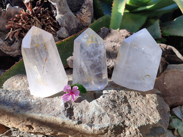 Polished Quartz and Pearl Girasol Quartz Points x 3 From Ambatondrazaka, Madagascar