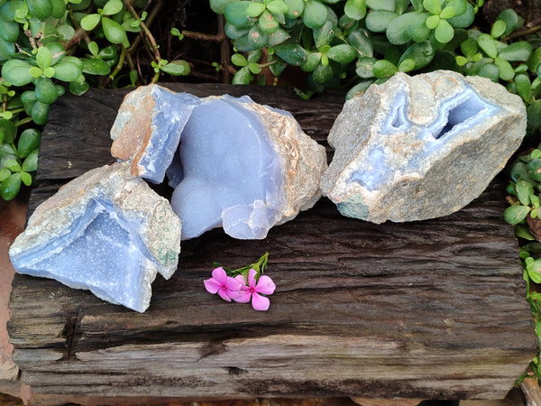 Natural Blue Lace Agate Specimens x 3 From Malawi