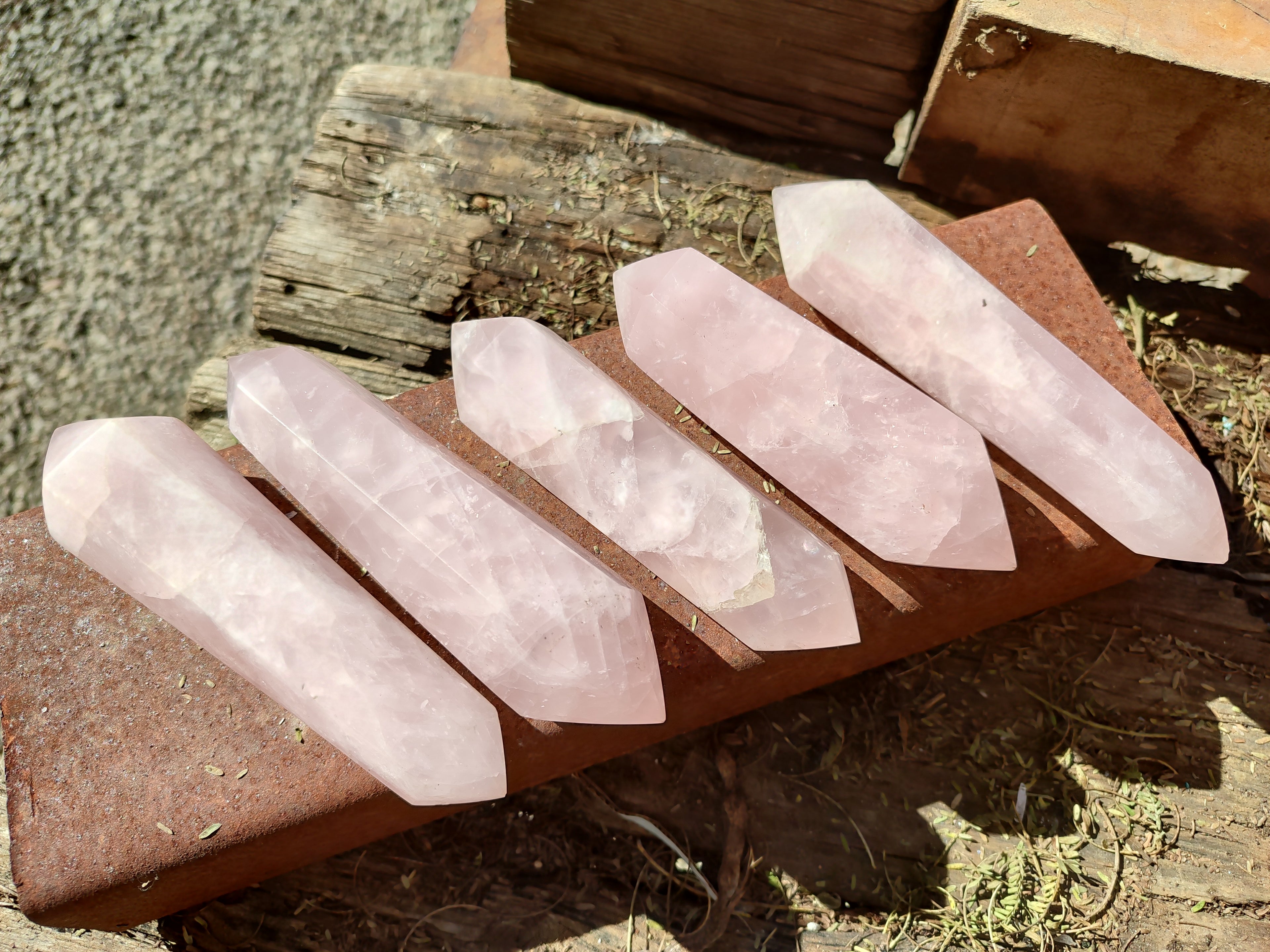 Polished Double Terminated Rose Quartz Points x 6 From Ambatondrazaka, Madagascar - Toprock Gemstones and Minerals 