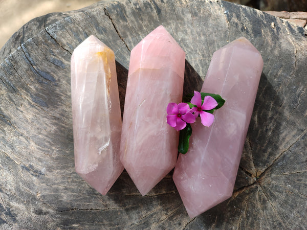 Polished Double Terminated Rose Quartz Points x 3 From Ambatondrazaka, Madagascar