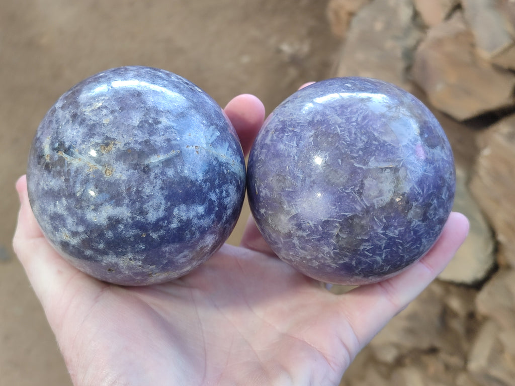 Polished Lepidolite with Pink Rubellite Spheres x 2 From Ambatondrazaka, Madagascar - Toprock Gemstones and Minerals 