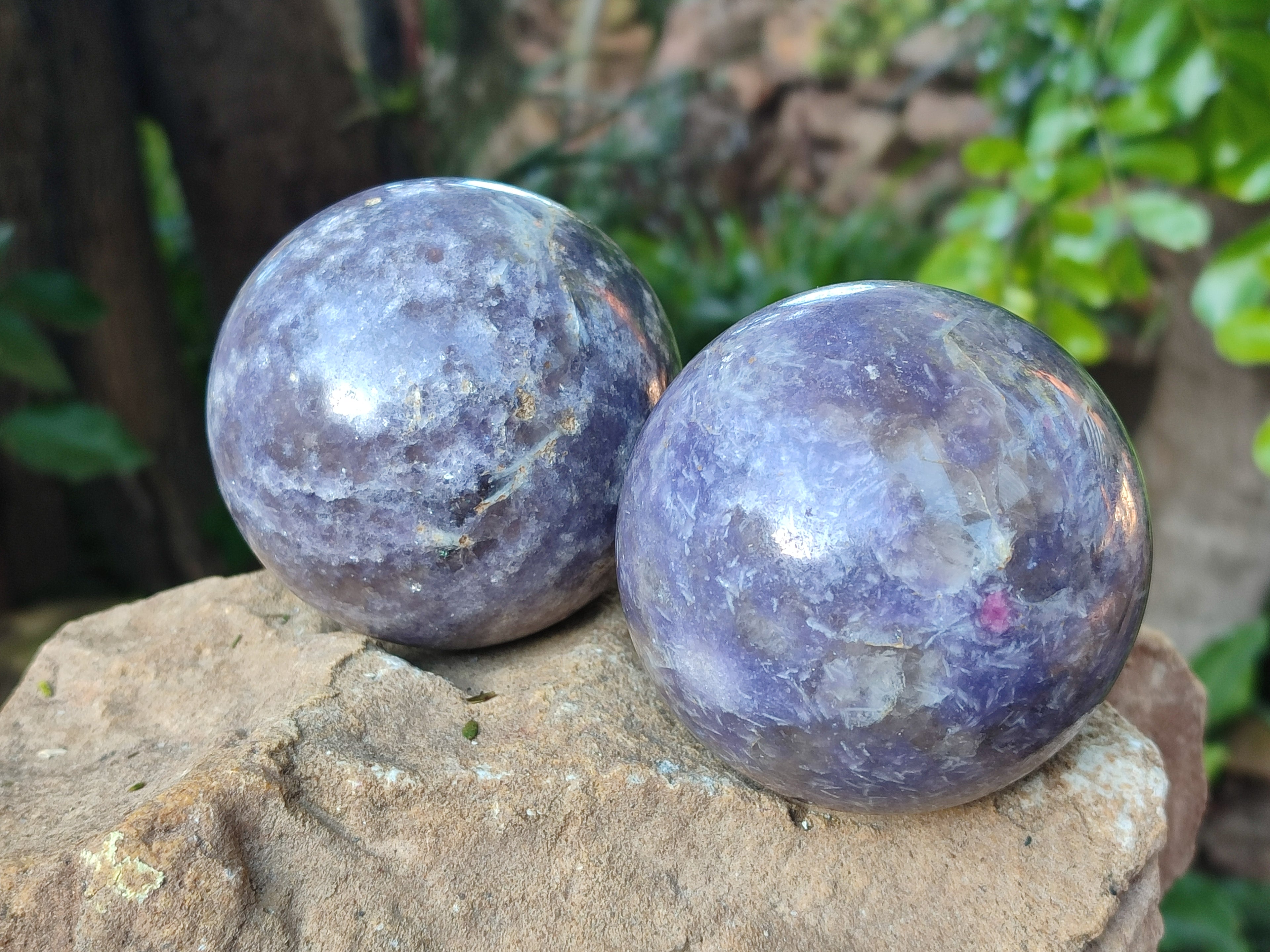 Polished Lepidolite with Pink Rubellite Spheres x 2 From Ambatondrazaka, Madagascar - Toprock Gemstones and Minerals 