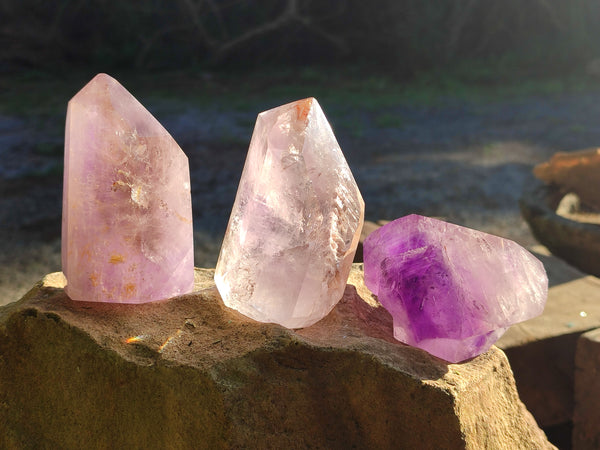 Polished Smokey Amethyst Window Quartz Crystals x 3 From Akansobe, Madagascar