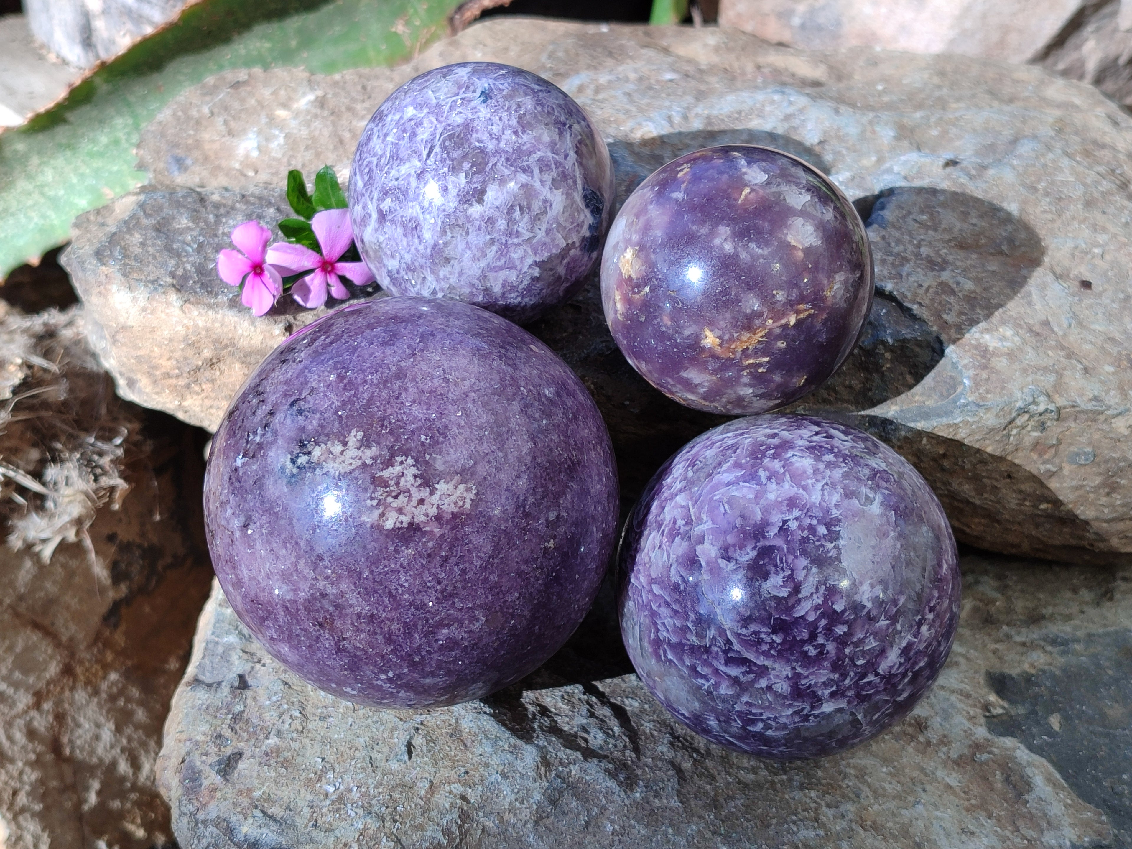 Polished Lepidolite with Pink Rubellite Spheres x 4 From Ambatondrazaka, Madagascar - Toprock Gemstones and Minerals 