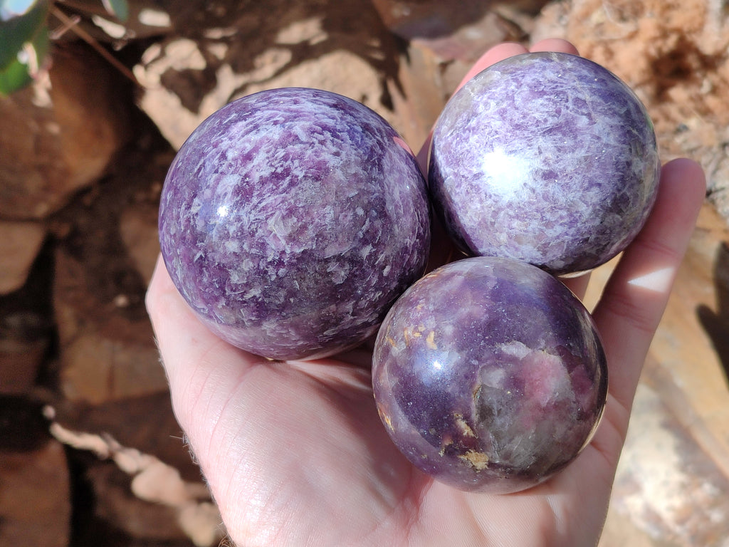 Polished Lepidolite with Pink Rubellite Spheres x 4 From Ambatondrazaka, Madagascar - Toprock Gemstones and Minerals 