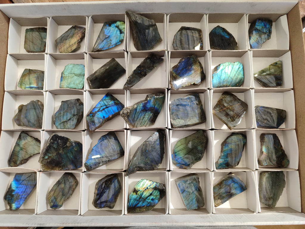 Polished On One Side Labradorite Plates x 35 From Tulear, Madagascar - Toprock Gemstones and Minerals 