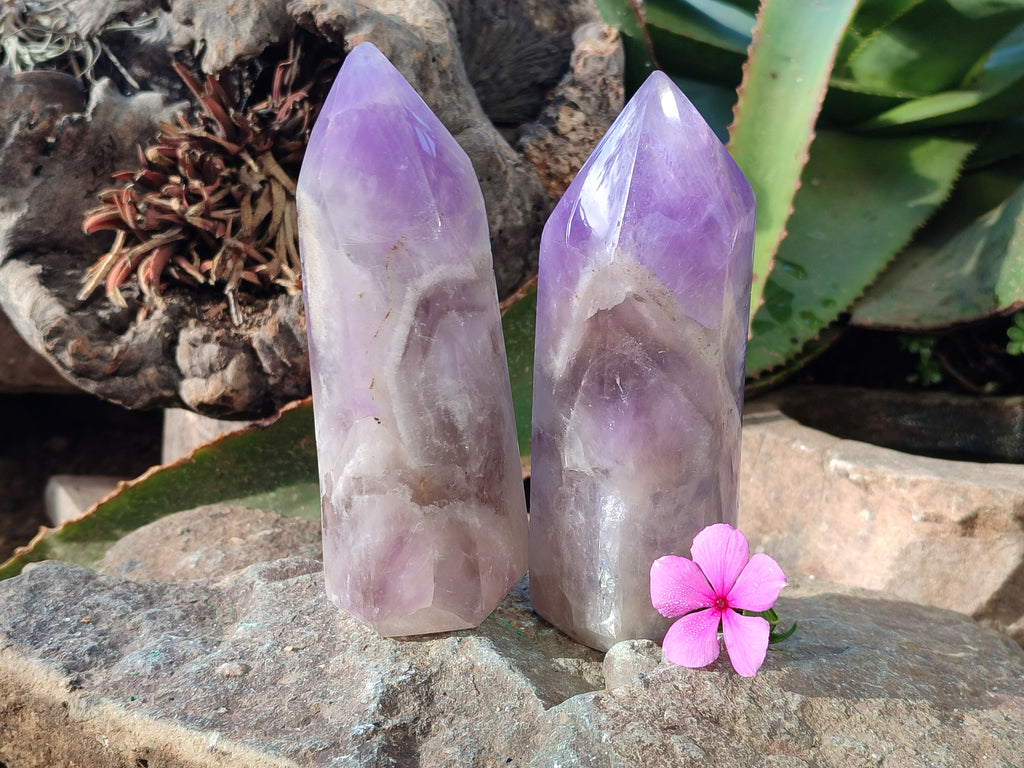 Polished Chevron Amethyst Points x 2 from Ankazobe, Madagascar - Toprock Gemstones and Minerals 
