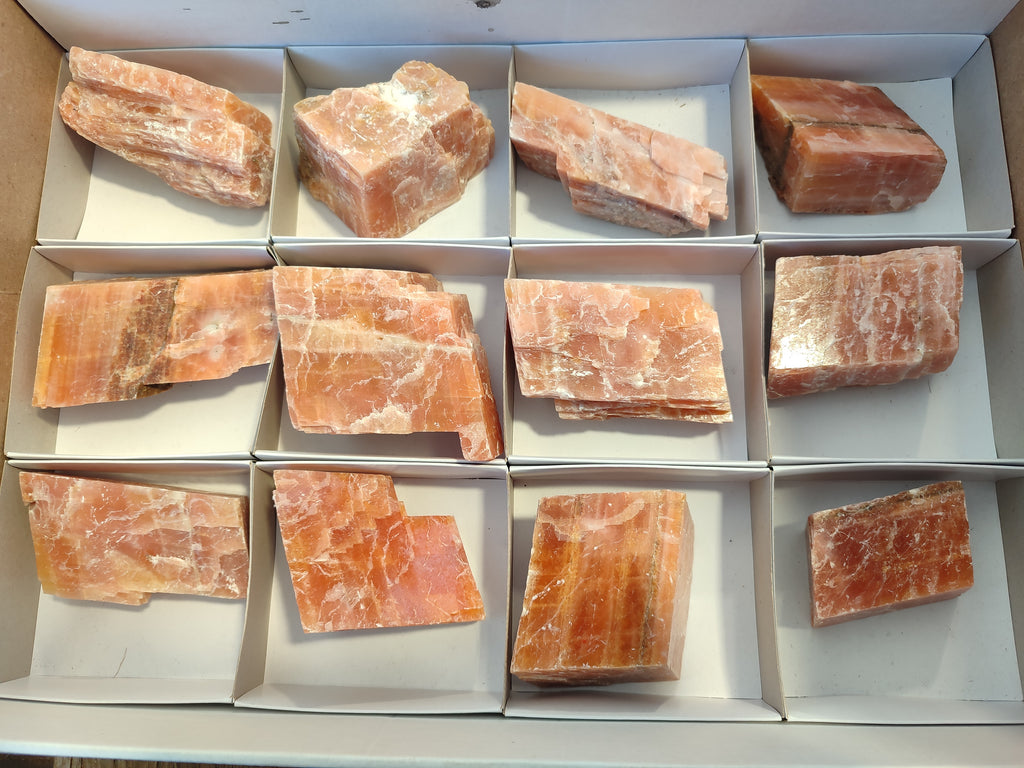 Natural Rhombohedral Sunset Orange Calcite Specimens x 12 From Spitzkop, Namibia - Toprock Gemstones and Minerals 